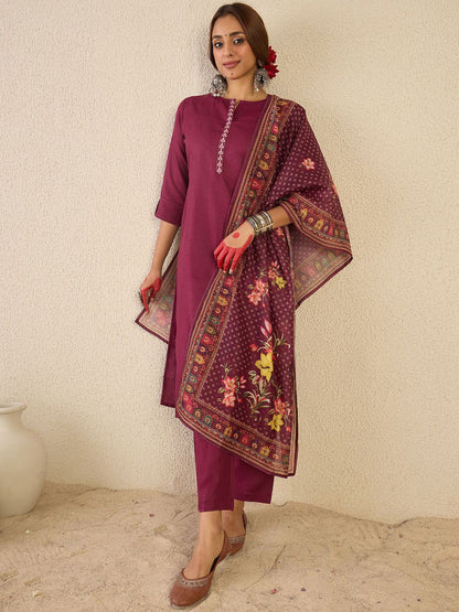 Women Ethnic Motifs Embroidered Regular Kurta with Trousers & Printed Dupatta