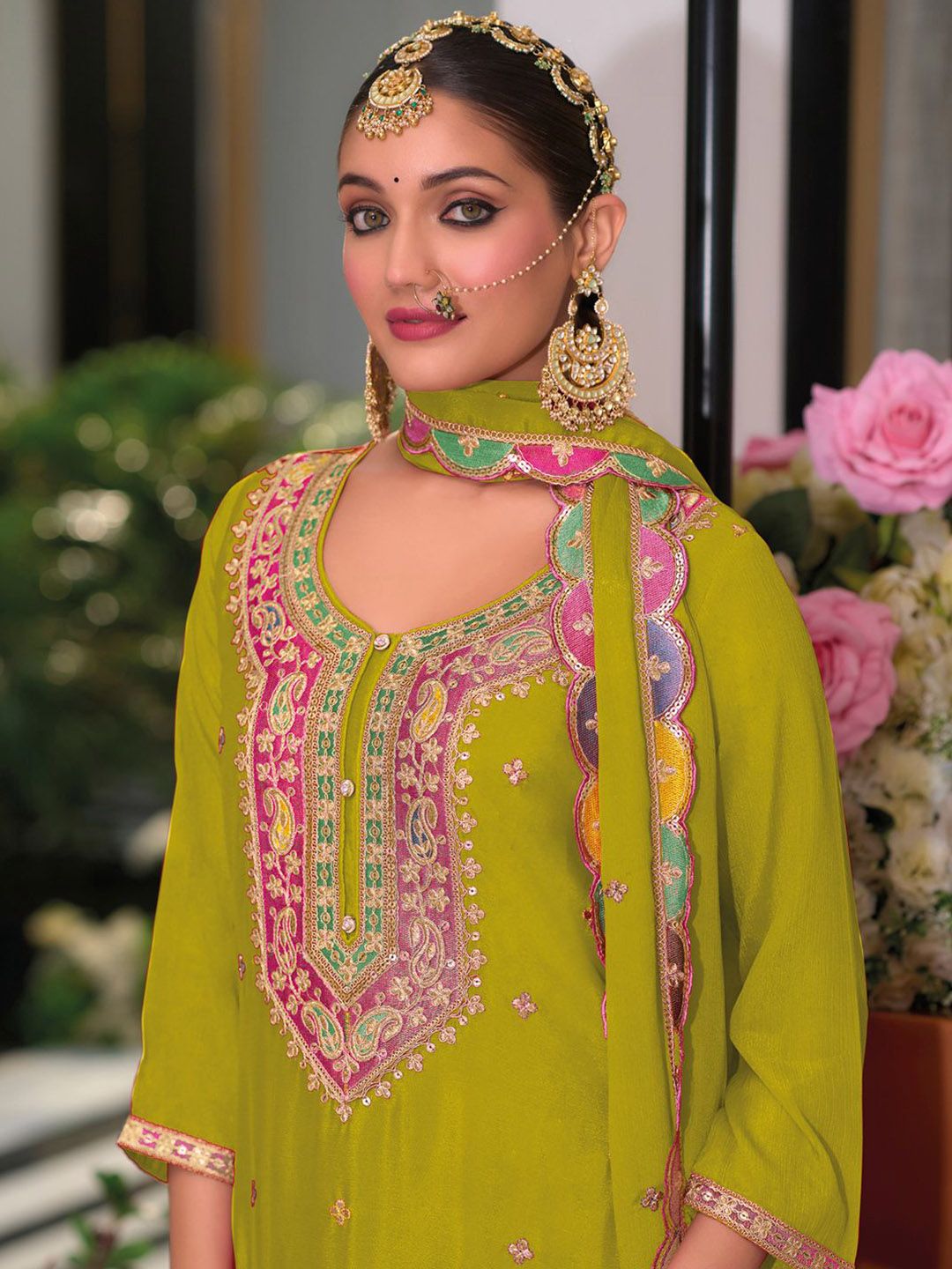 Embroidered Sequinned Kurta With Palazzos & Dupatta