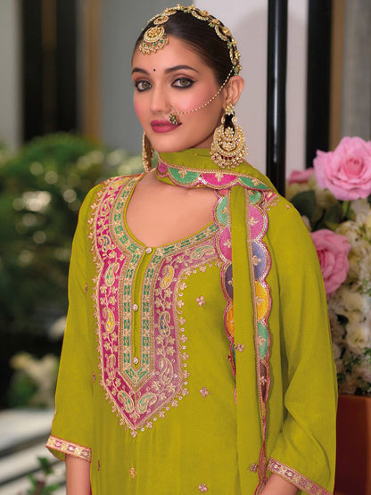 Embroidered Sequinned Kurta With Palazzos & Dupatta