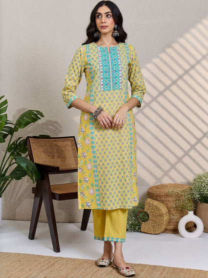 Floral Printed Notch Neck Pure Cotton Straight Kurta & Trousers With Dupatta