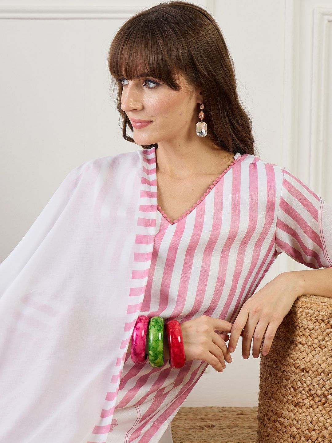 Women Striped Regular Thread Work Linen Kurta with Trousers & With Dupatta