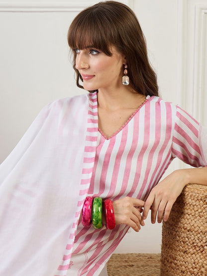 Women Striped Regular Thread Work Linen Kurta with Trousers & With Dupatta