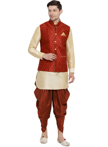 Men's Gold Silk Blend Straight Jacket  Kurta and Dhoti Set
