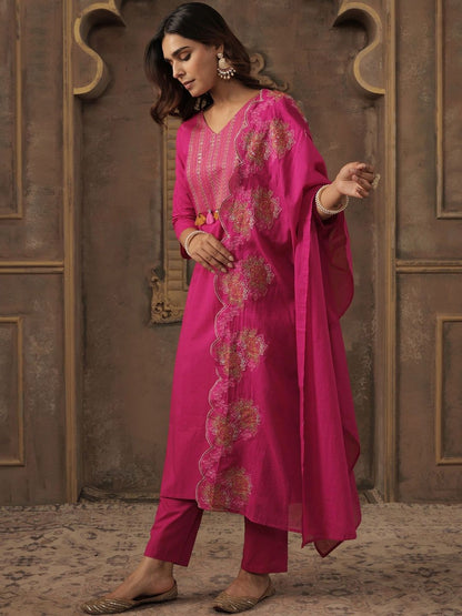 Ethnic Motifs Embroidered Thread Work Pure Cotton Kurta With Trousers & Dupatta