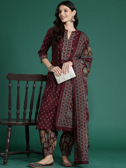 Ethnic Motifs Printed Straight Pure Cotton Kurta With Patiala & Dupatta