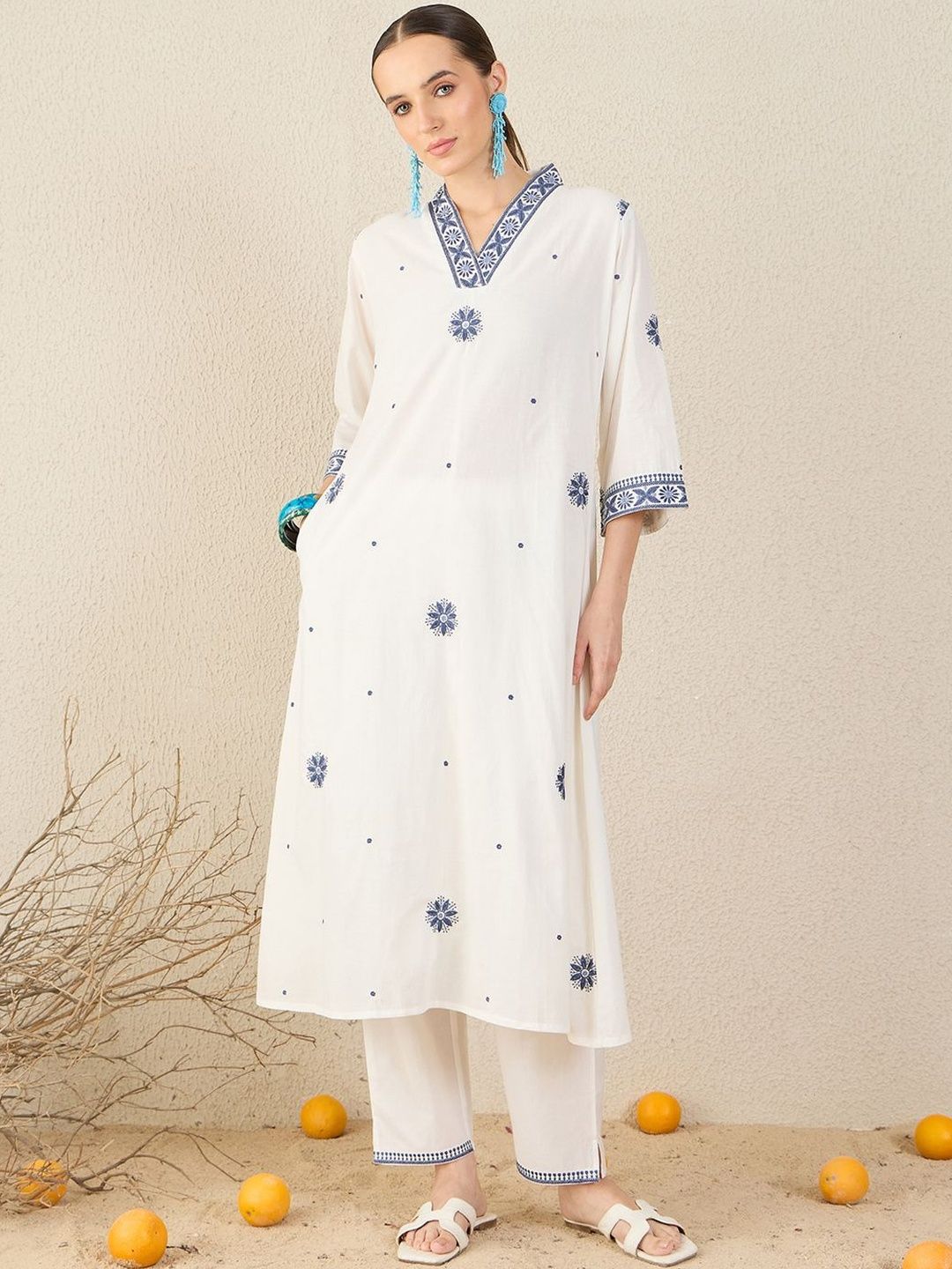 Floral Embroidered V Neck A-Line Pure Cotton Kurta & Trousers With Dupatta