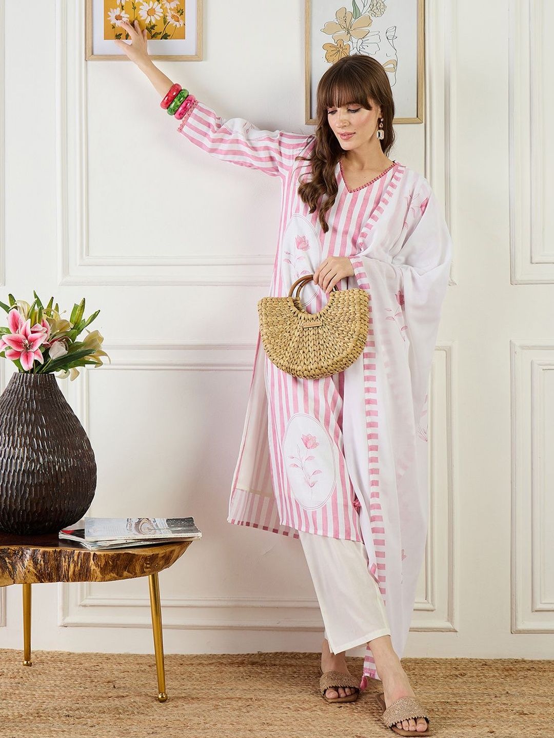 Women Striped Regular Thread Work Linen Kurta with Trousers & With Dupatta