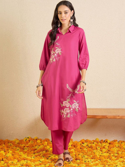 Women Floral Embroidered Regular Thread Work Pure Cotton Kurta with Trousers