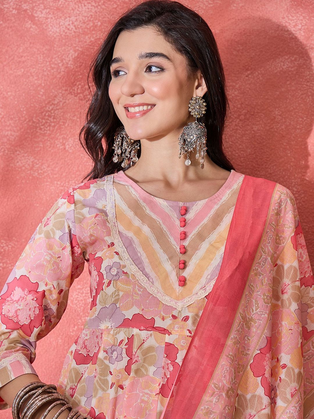 Dhiyona SN Women's Floral Printed Pure Cotton Round Neck Kurta Trouser With Dupatta Set