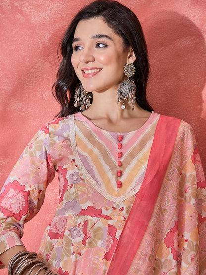 Dhiyona SN Women's Floral Printed Pure Cotton Round Neck Kurta Trouser With Dupatta Set