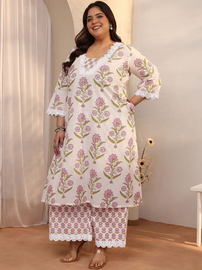 Dhiyona Women's Plus Size Floral Printed Kurta with Trousers & With Dupatta