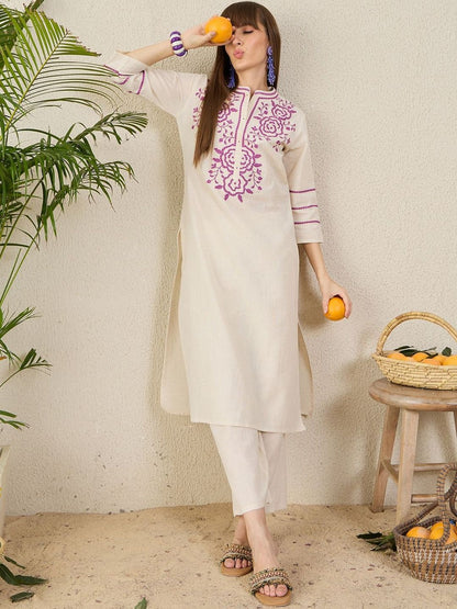 Floral Yoke Design Mandarin Collar Thread Work Straight Kurta & Palazzos