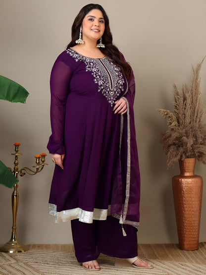 Dhiyona IN Women Plus Size Yoke Design Regular Thread Work Kurta with Palazzos & Dupatta