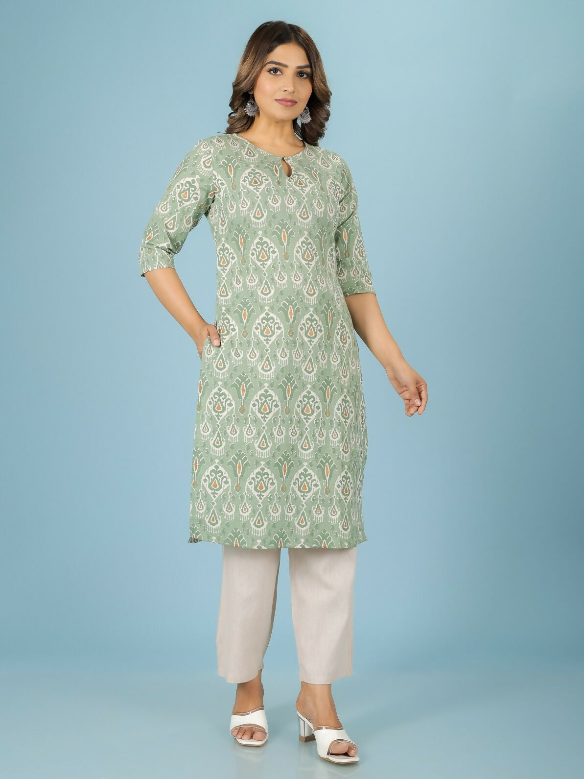 Women's Green Linen Cotton Ikat Straight Kurta for Women