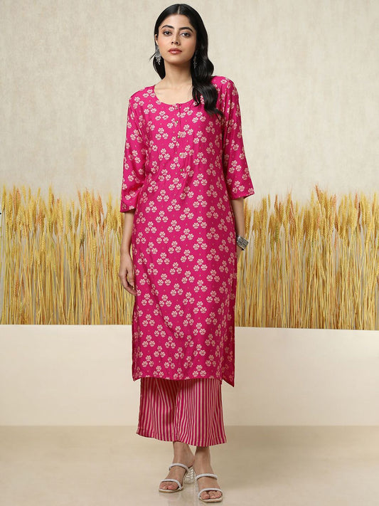 Dhiyona SO Women's Floral Printed Mirror Work Straight Kurta With Palazzos