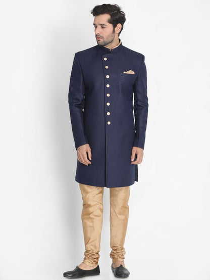Men's Dark Blue Polyester Lurex Blend Straight Sherwani Set