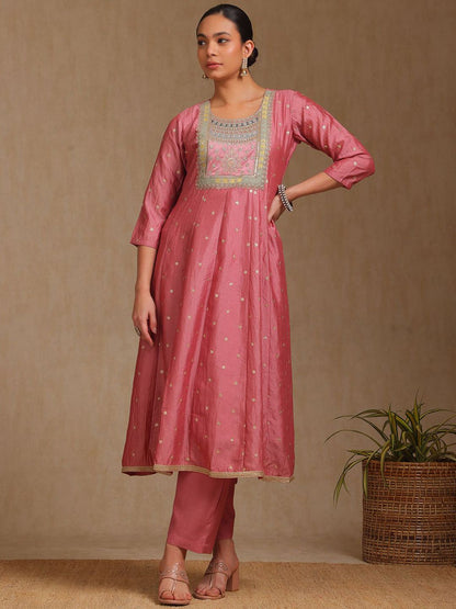 Dhiyona SO Women's Floral Embroidered Round Neck Sequinned A-Line Kurta With Trousers & Dupatta