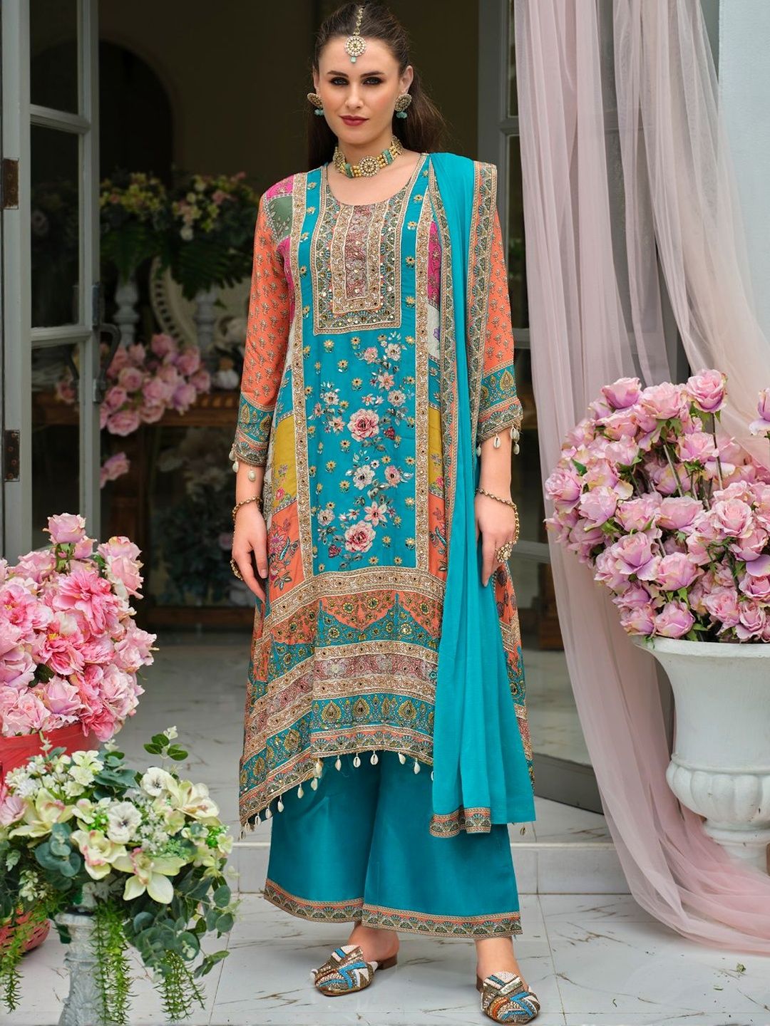 Women Floral Print Mirror Work Pure Silk Kurta with Palazzos & Dupatta