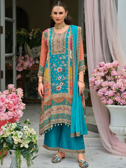 Women Floral Print Mirror Work Pure Silk Kurta with Palazzos & Dupatta