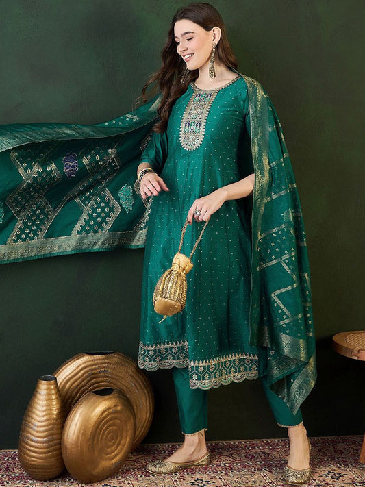 Dhiyona SN Women's Floral Embroidered Layered Kurta with Trouser & Dupatta