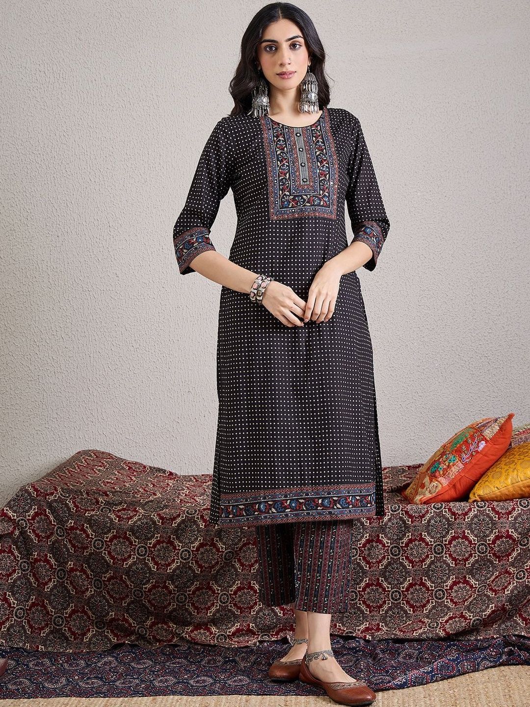 Ethnic Motifs Yoke Design Pure Cotton Straight Kurta & Trousers With Dupatta