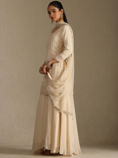 Dhiyona SO Women's Ethnic Motifs Embroidered Beads And Stones Straight Kurti With Palazzos & Dupatta