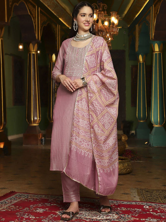 Dhiyona SN Women's Mauve Floral Embroidered Round Neck Straight Kurta With Trouser & Dupatta