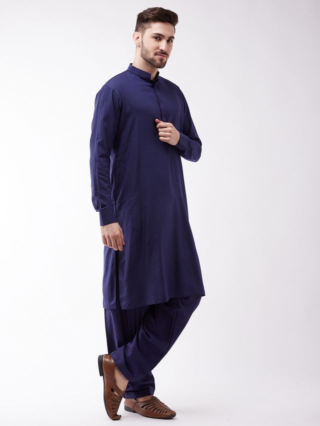 Men's Blue Cotton Blend Pathani Kurta and Patiala Set