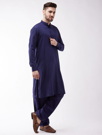 Men's Blue Cotton Blend Pathani Kurta and Patiala Set