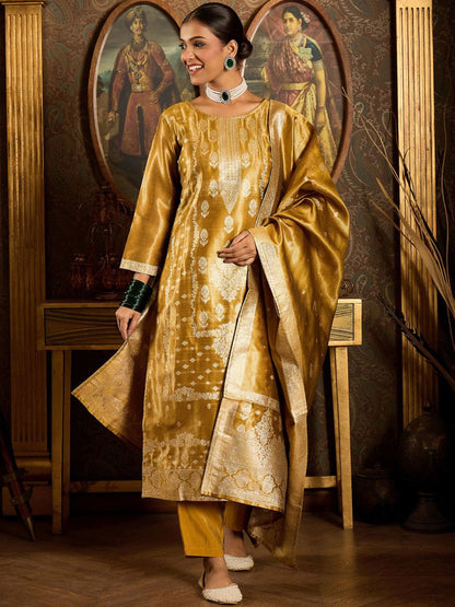 Ethnic Motifs Woven Design Zari Straight Kurta With Trousers & Dupatta