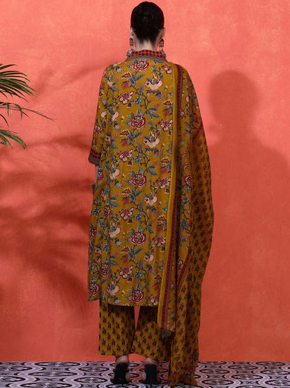 Dhiyona SN Women's Floral Embroidered A-Line Pure Cotton Kurta With Trousers & Dupatta
