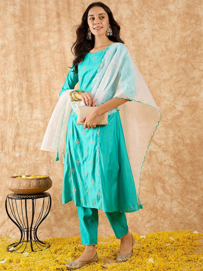 Ethnic Motifs Embroidered A-Line Sequinned Liva Kurta with Trousers & Dupatta