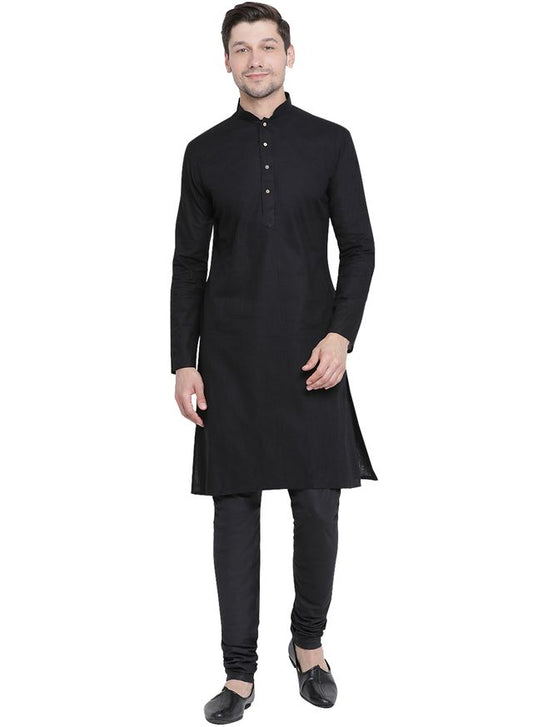 Men's Black Cotton Linen Straight Kurta Pyjama Set