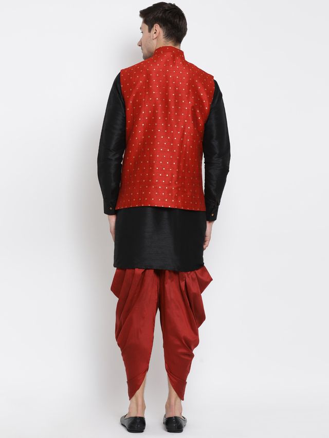 Men's Black Silk Blend Straight Jacket  Kurta and Dhoti Set
