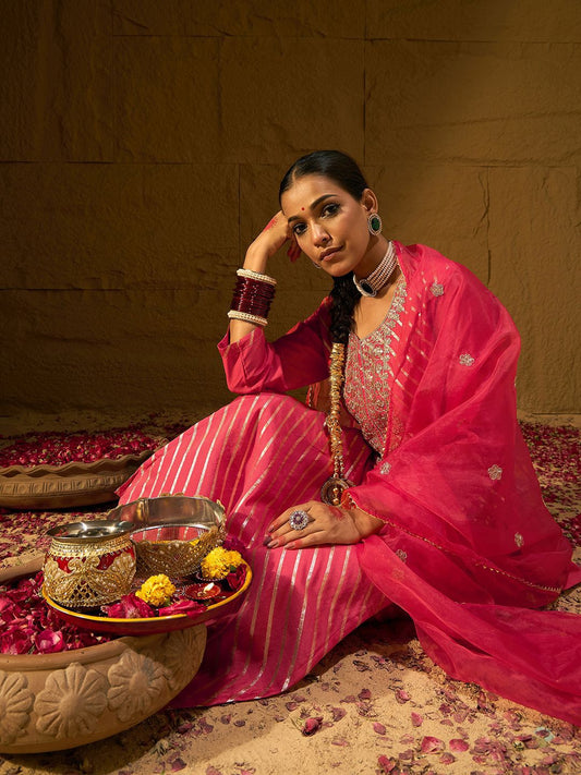 Dhiyona IE Leheriya Embroidered Thread Work Chanderi Silk Kurta With Trousers & Dupatta