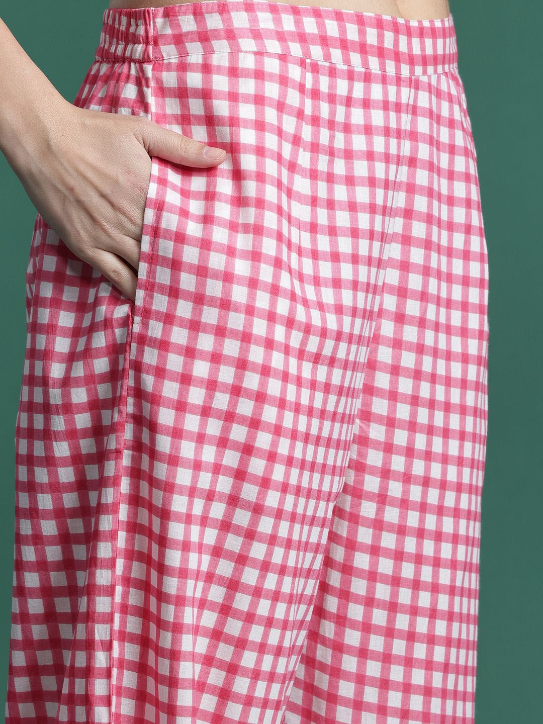 Dhiyona IE Embroidered Checked Pure Cotton V-Neck Straight Top With Trousers Co-Ords