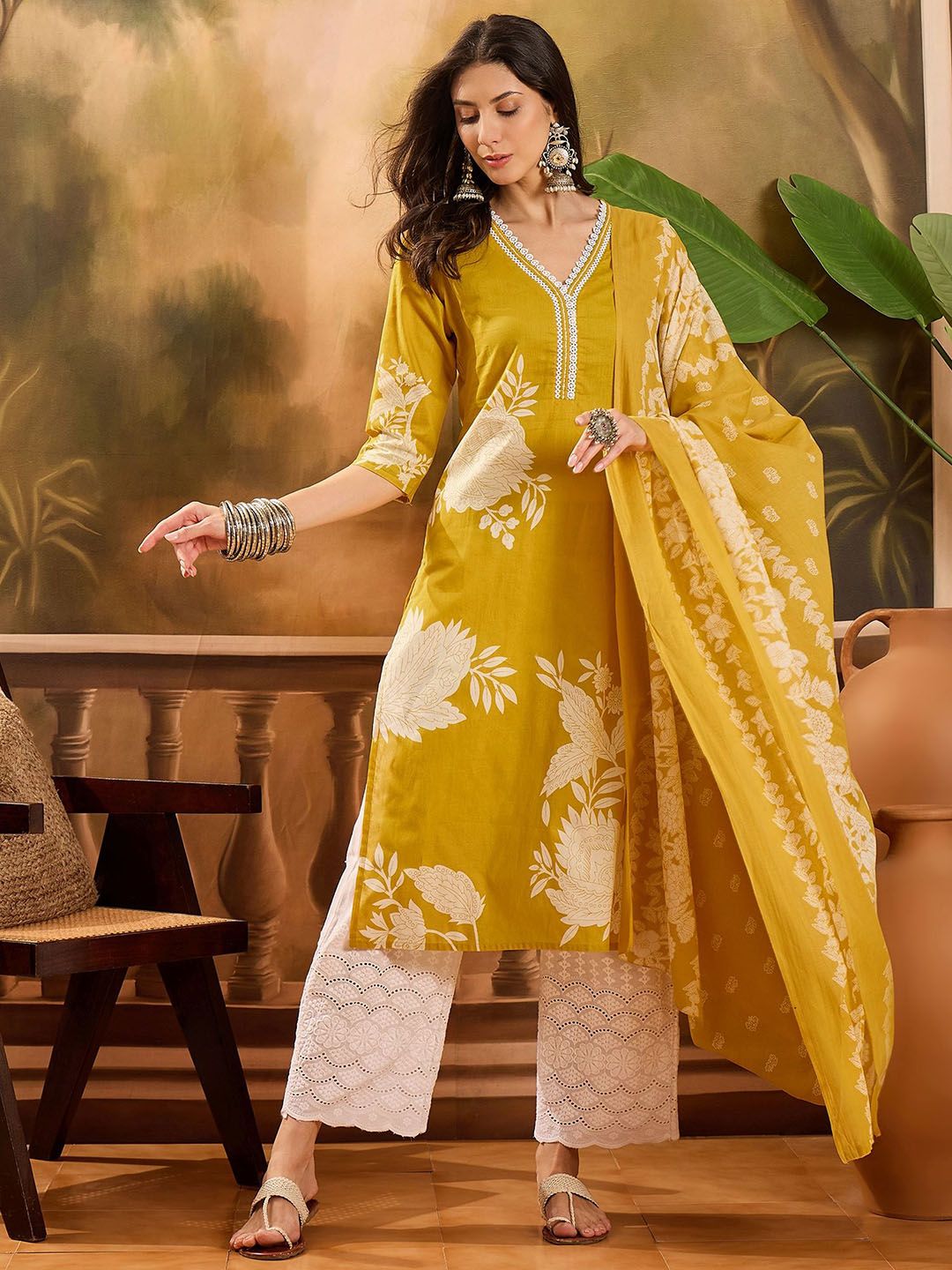 Dhiyona SN Women's Floral Printed Thread Work Pure Cotton Straight Kurta Set With Dupatta