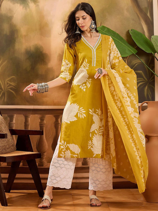 Dhiyona SN Women's Floral Printed Thread Work Pure Cotton Straight Kurta Set With Dupatta