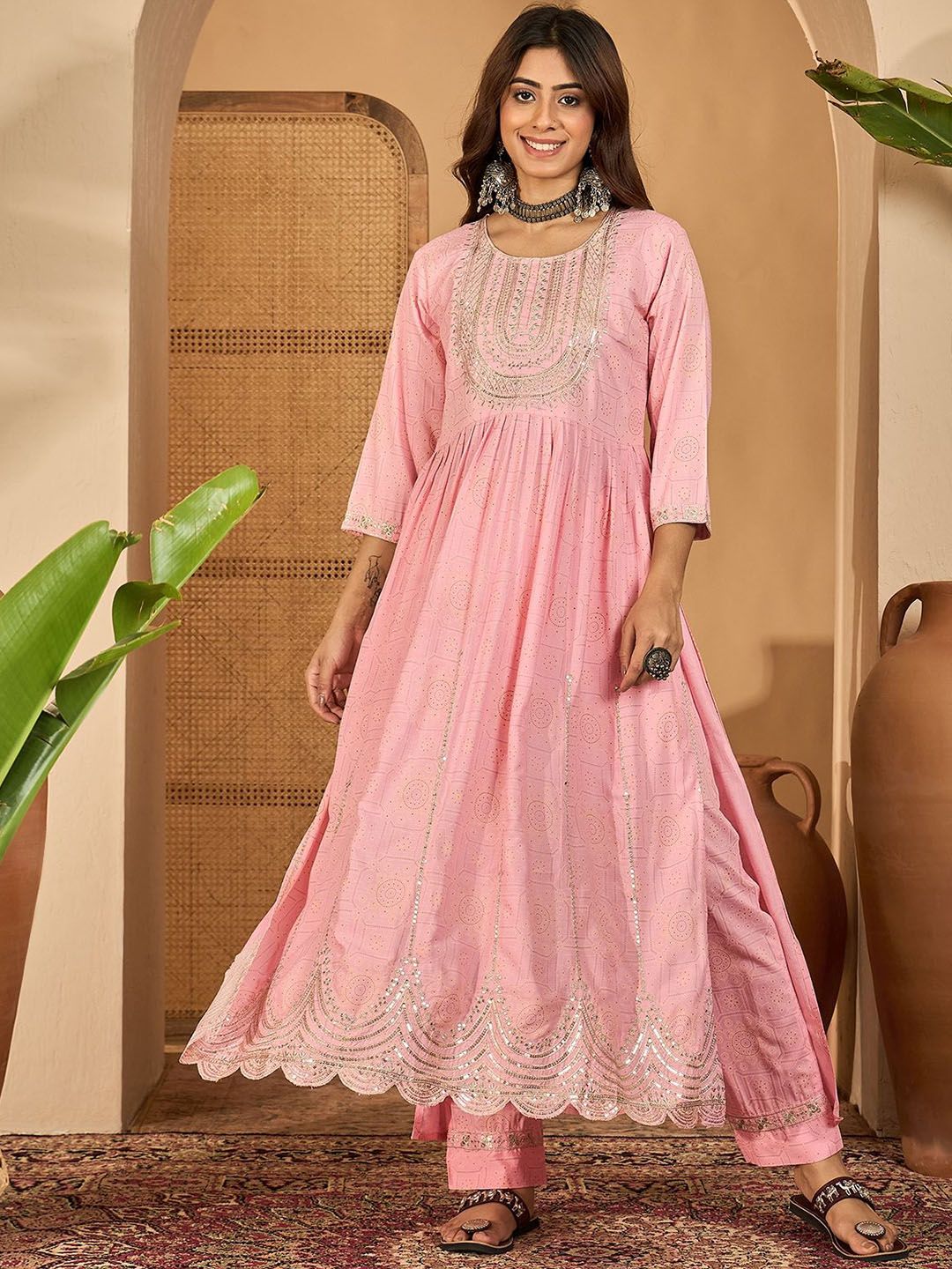 Dhiyona SN Women's Floral Embroidered Sequinned A-line Kurta With Trousers & Dupatta