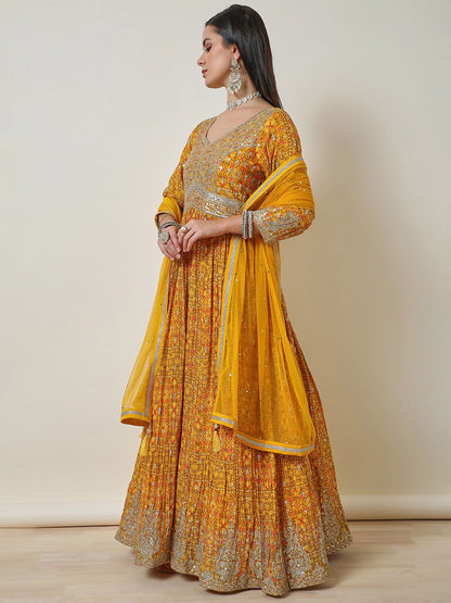 Dhiyona SO Women's Women Floral Printed Empire Sequinned Kurta with Churidar & With Dupatta
