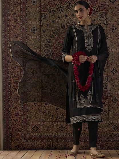 Embroidered Notch Neck Sequinned Straight Kurta With Trousers & Dupatta