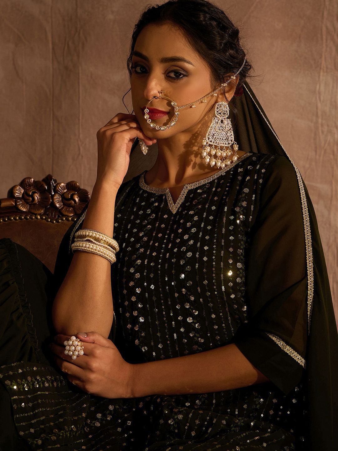 Dhiyona IE Ethnic Motifs Embroidered Sequinned Straight Kurta With Sharara & Dupatta