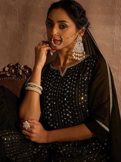 Dhiyona IE Ethnic Motifs Embroidered Sequinned Straight Kurta With Sharara & Dupatta