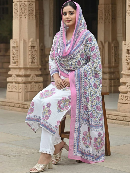 Women Floral Printed Regular Pure Cotton Kurta with Trousers & With Dupatta
