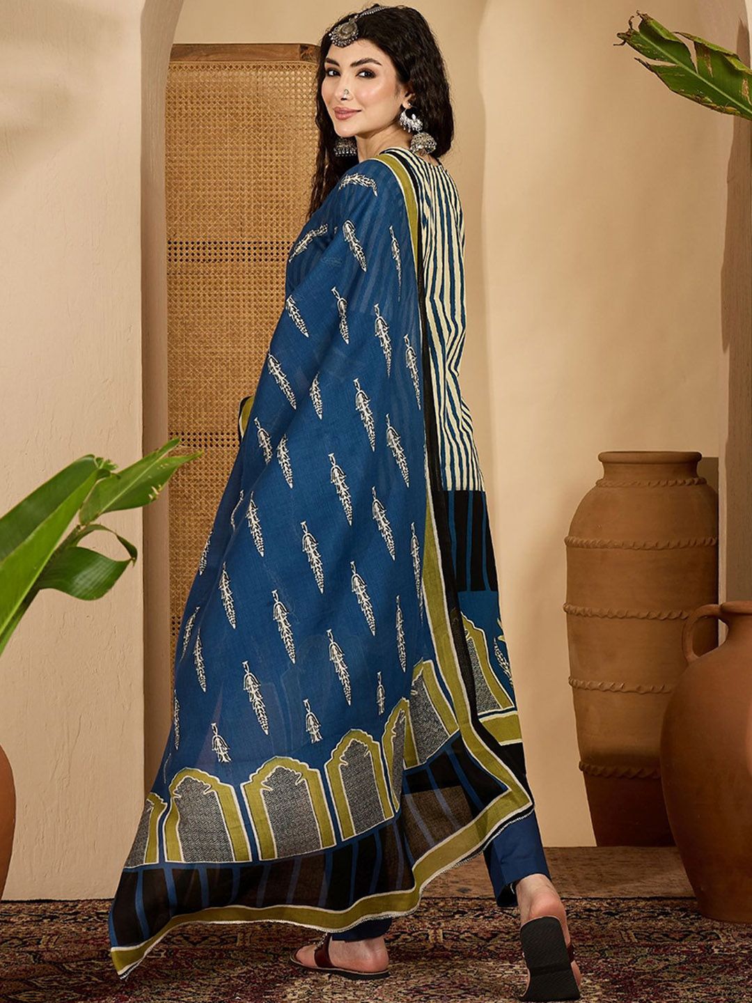 Dhiyona SN Women's Striped Round Neck Sequinned Pure Cotton Straight Kurta with Trousers & Dupatta