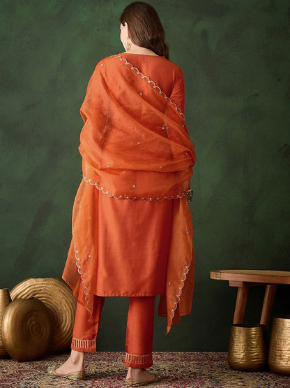 Dhiyona SN Women's Floral Embroidered Sequinned Straight Kurta & Trouser With Dupatta