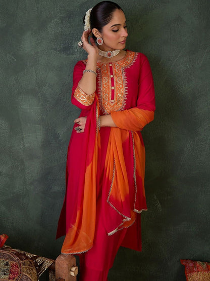 Ethnic Motifs Embroidered Straight Thread Work Kurta With Trouser & Dupatta