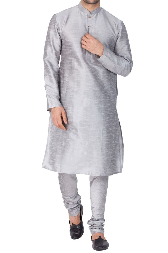 Men's Grey Silk Blend Straight Kurta Pyjama Set