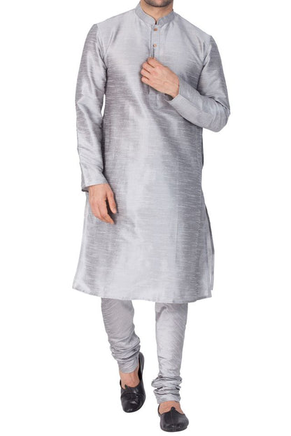 Men's Grey Silk Blend Straight Kurta Pyjama Set