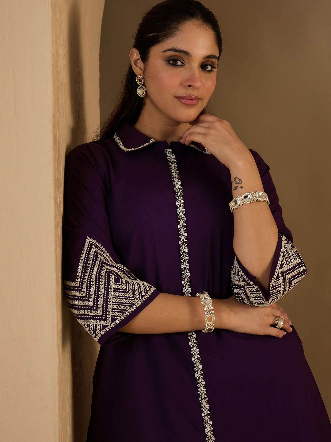 Dhiyona IE Embroidered Shirt Collar Pure Cotton A-Line Tunic With Trouser